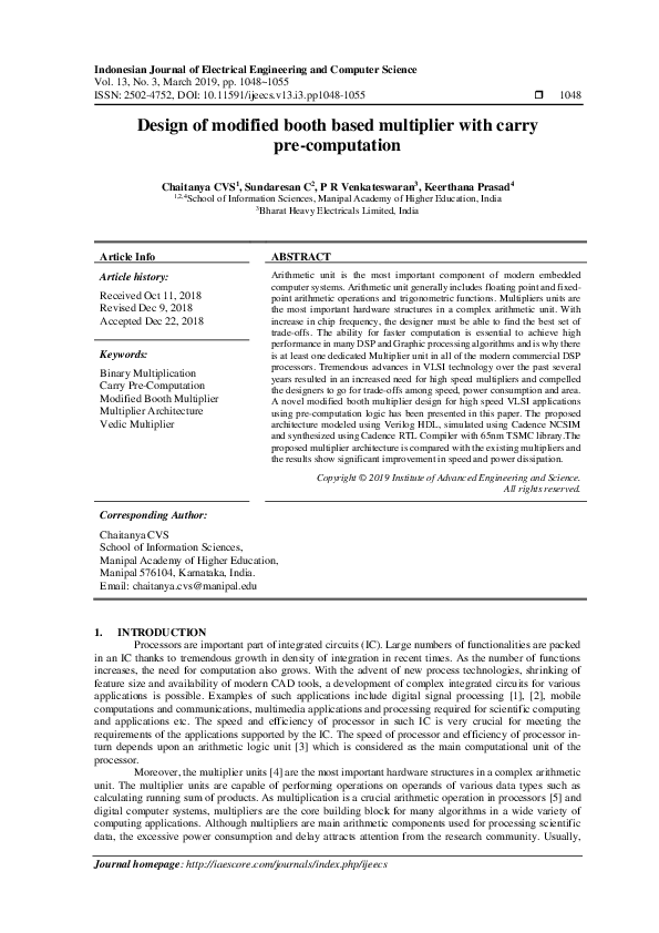 (PDF) Design of modified booth based multiplier with carry pre-computation