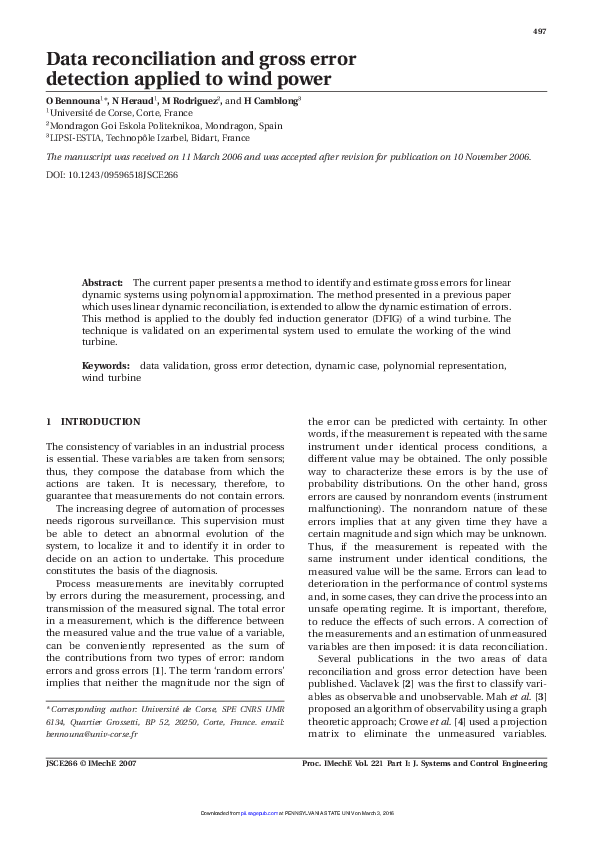 (PDF) Data reconciliation and gross error detection applied to wind power