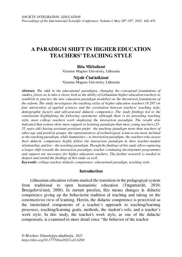 (PDF) A Paradigm Shift in Higher Education Teachers’ Teaching Style