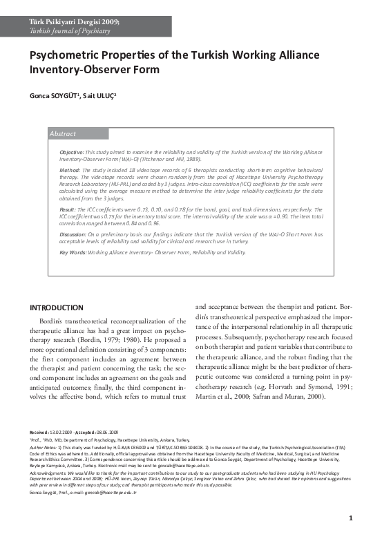 (PDF) [Psychometric properties of the Turkish Working Alliance ...