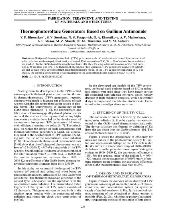 (PDF) Thermophotovoltaic generators based on gallium antimonide