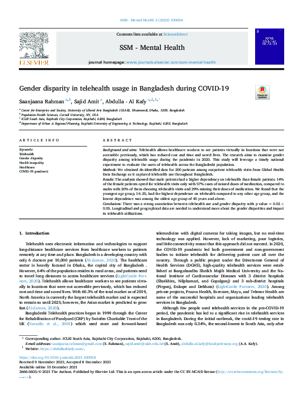 (PDF) Gender disparity in telehealth usage in Bangladesh during COVID-19