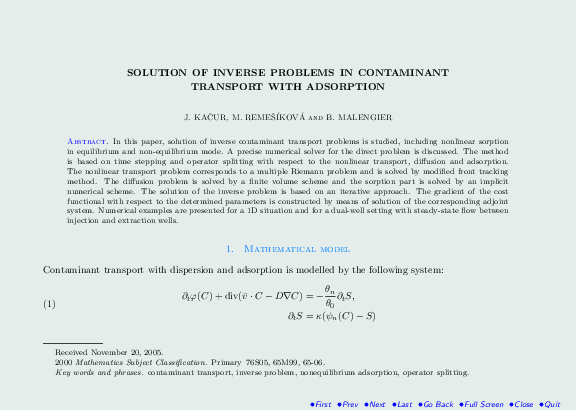 (PDF) Solution of Inverse Problems in Contaminant Transport with Adsorption