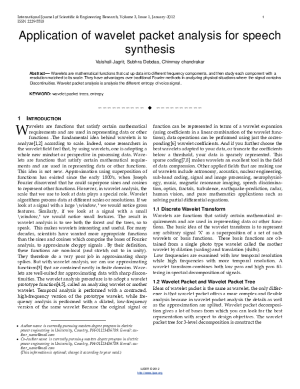 (PDF) Application of wavelet packet analysis for speech synthesis