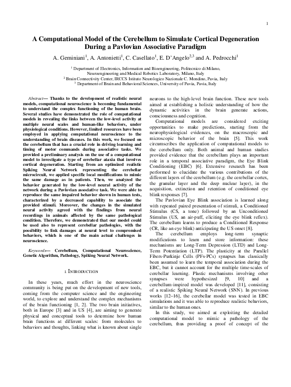 (PDF) A Computational Model of the Cerebellum to Simulate Cortical ...
