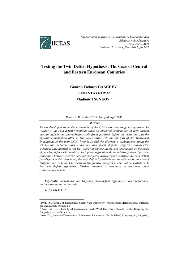 (PDF) Testing the twin deficit hypothesis - The case of Central and ...