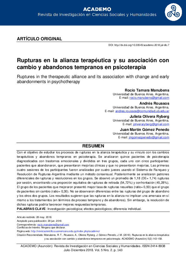 (PDF) Rupturas en la alianza terapéutica y su asociación con cambio y ...