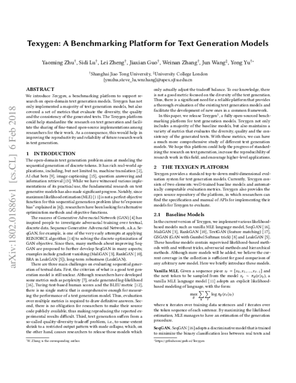 (PDF) Texygen: A Benchmarking Platform for Text Generation Models