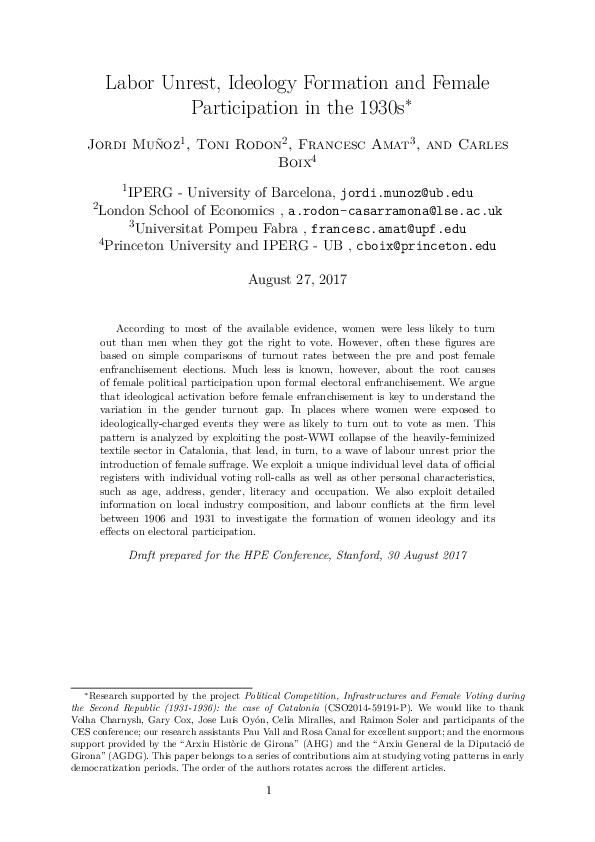 (PDF) Labor Unrest , Ideology Formation and Female Participation in the ...