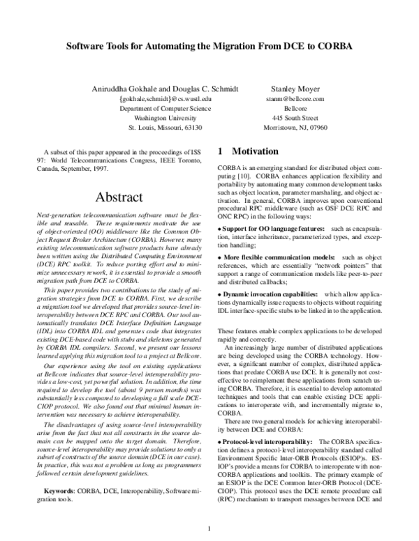 (PDF) Software Tools for Automating the Migration From DCE to CORBA