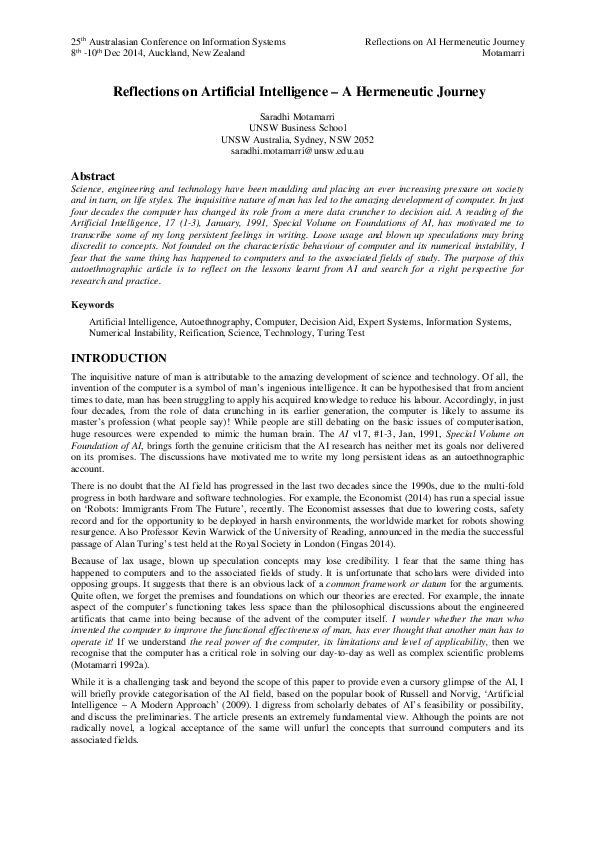 (PDF) Reflections on Artificial Intelligence – A Hermeneutic Journey