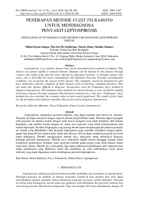 (PDF) Penyakit Leptospirosis Application of Tsukamoto Fuzzy Method for ...