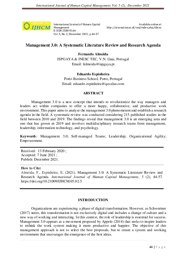 (PDF) Management 3.0: A Systematic Literature Review and Research Agenda
