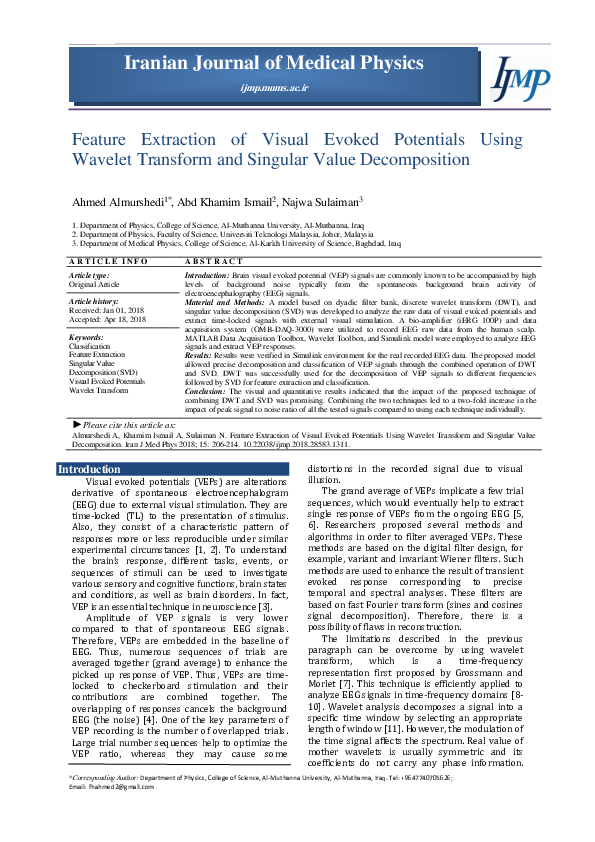 (PDF) Feature Extraction of Visual Evoked Potentials Using Wavelet ...