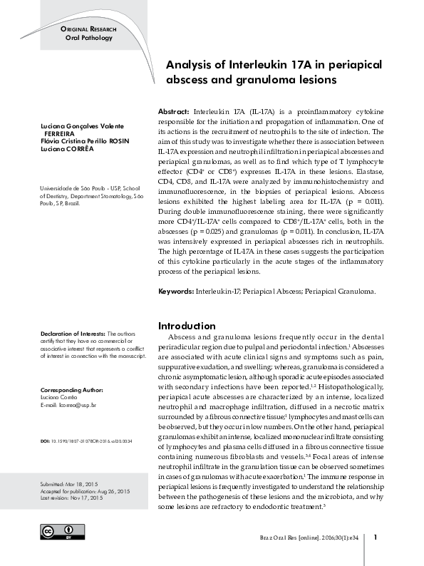 (PDF) Analysis of Interleukin 17A in periapical abscess and granuloma ...