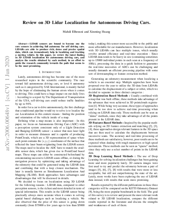 (PDF) Review on 3D Lidar Localization for Autonomous Driving Cars