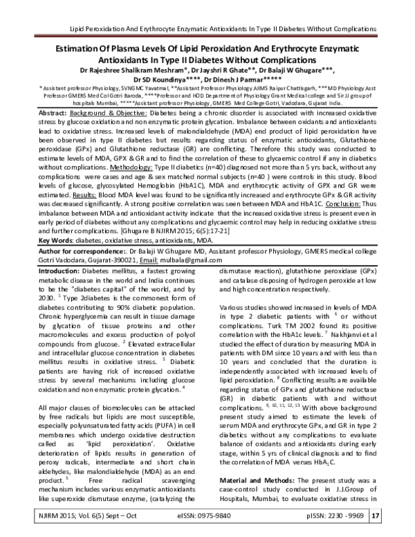 (PDF) Estimation Of Plasma Levels Of Lipid Peroxidation And Erythrocyte ...