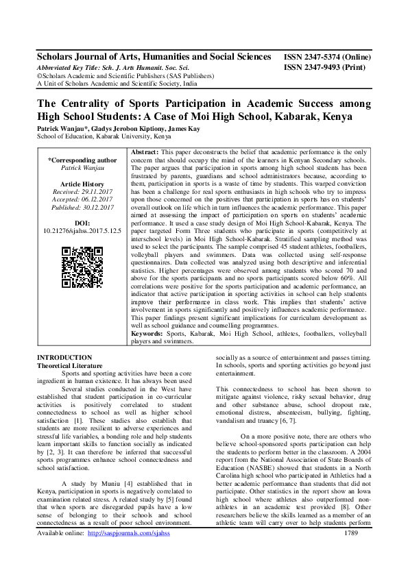(PDF) The Centrality of Sports Participation in Academic Success among ...
