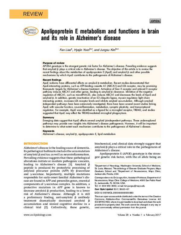 (PDF) Apolipoprotein E metabolism and functions in brain and its role ...