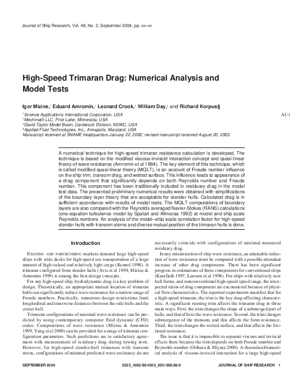 (PDF) High-Speed Trimaran Drag: Numerical Analysis and Model Tests