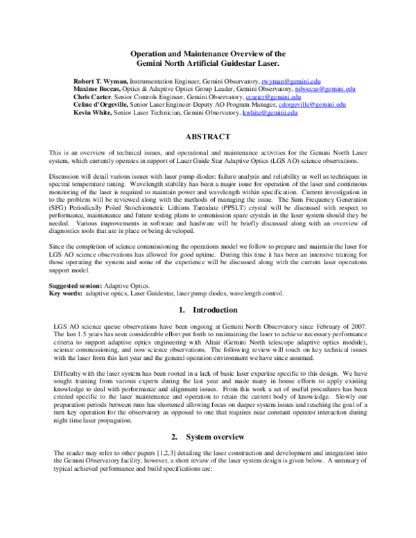 (PDF) Operation and Maintenance Overview of the Gemini North Artificial