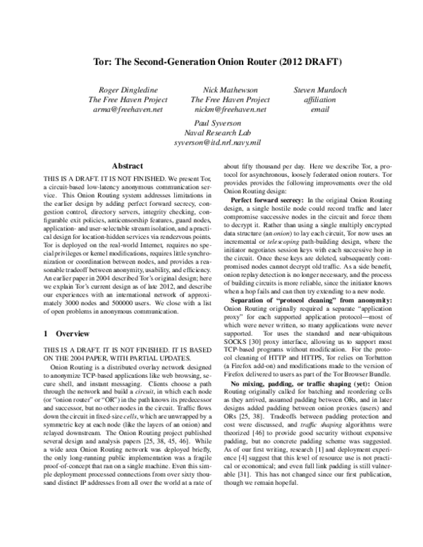 (PDF) Tor: The Second-Generation Onion Router (2012 DRAFT)