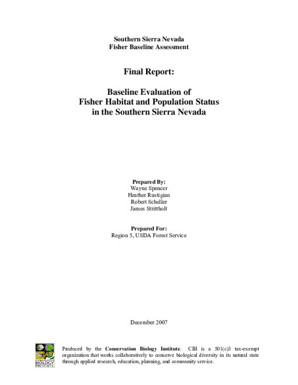 (PDF) Southern Sierra Nevada Fisher Baseline Assessment Final Report