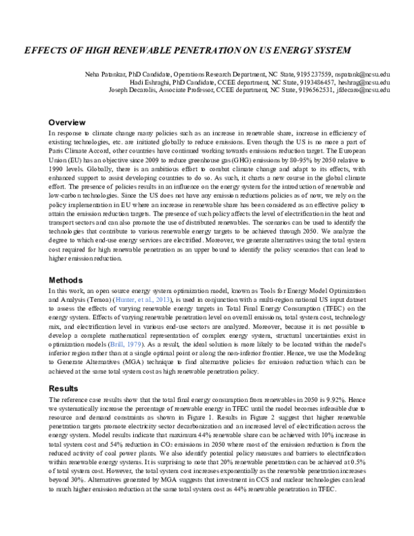 (PDF) Effects of High Renewable Penetration on Us Energy System