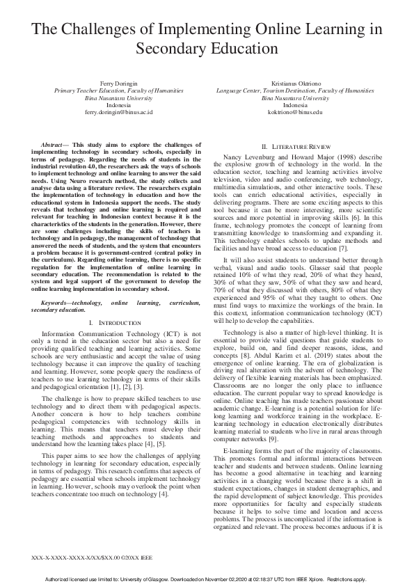 (PDF) The Challenges of Implementing Online Learning in Secondary Education
