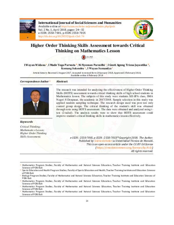 (PDF) Higher Order Thinking Skills Assessment towards Critical Thinking ...