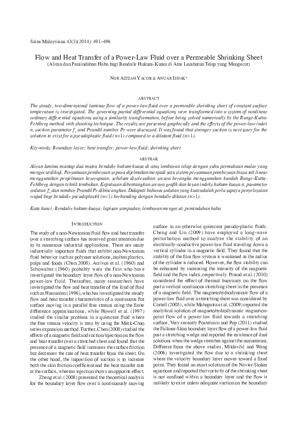 (PDF) Flow and heat transfer of a power-law fluid over a permeable ...