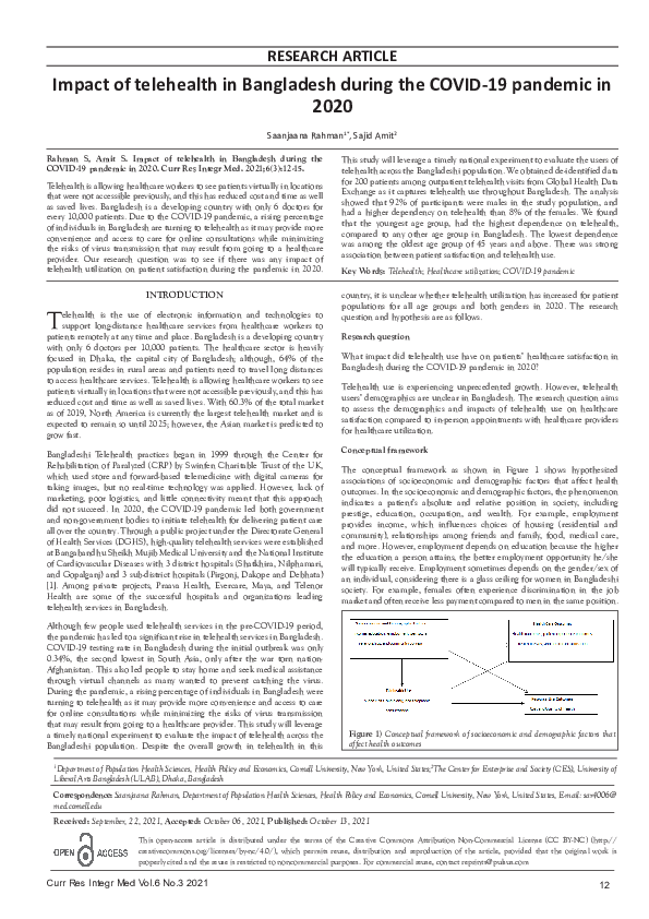 (PDF) Impact of Telehealth in Bangladesh During the COVID-19 Pandemic ...