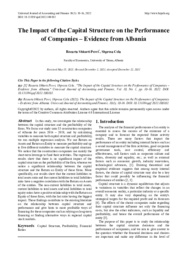 (PDF) The Impact of the Capital Structure on the Performance of ...