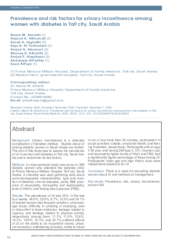(PDF) Prevalence and risk factors for urinary incontinence among women ...