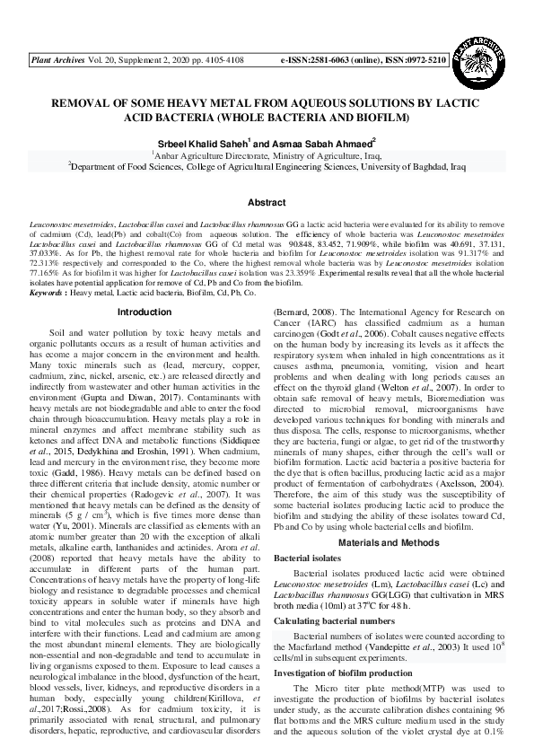 (PDF) Removal of Some Heavy Metal from Aqueous Solutions by Lactic