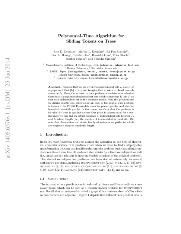 (PDF) Polynomial-Time Algorithm for Sliding Tokens on Trees | ĐỨC THÁI ...