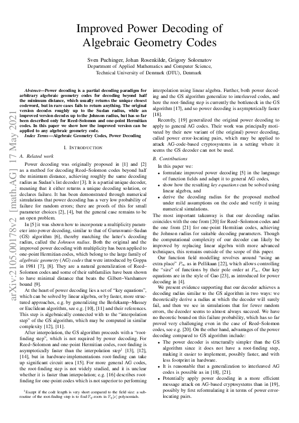 (PDF) Improved Power Decoding of Algebraic Geometry Codes