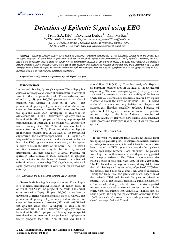 (PDF) Detection of Epileptic Signal using EEG Prof