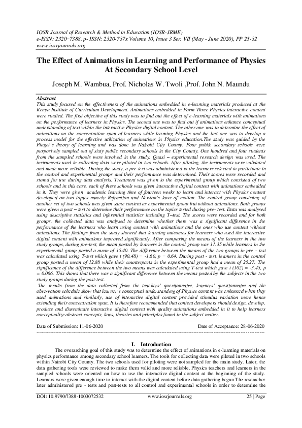 (PDF) The Effect of Animations in Learning and Performance of Physics ...