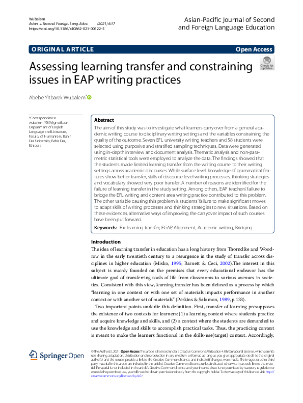 (PDF) Assessing learning transfer and constraining issues in EAP ...