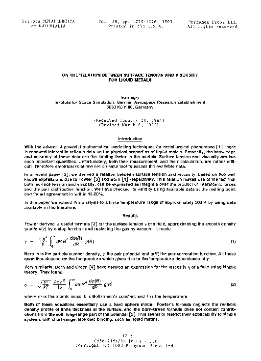 (PDF) On the relation between surface tension and viscosity for liquid ...