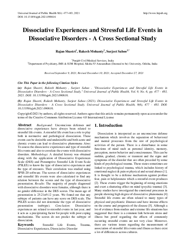(PDF) Dissociative Experiences and Stressful Life Events in ...