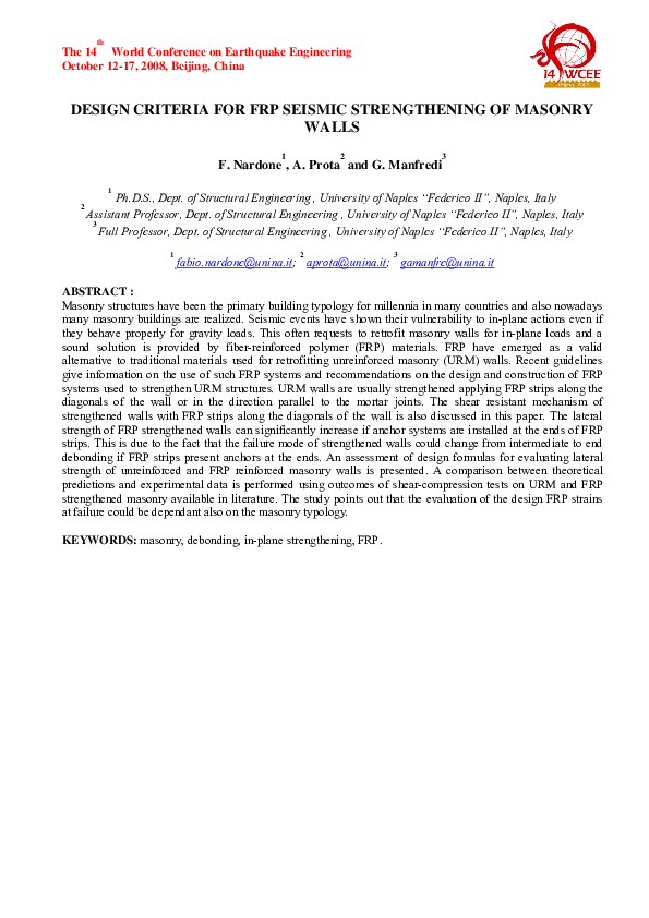 (PDF) Design Criteria for FRP Seismic Strengthening of Masonry Walls