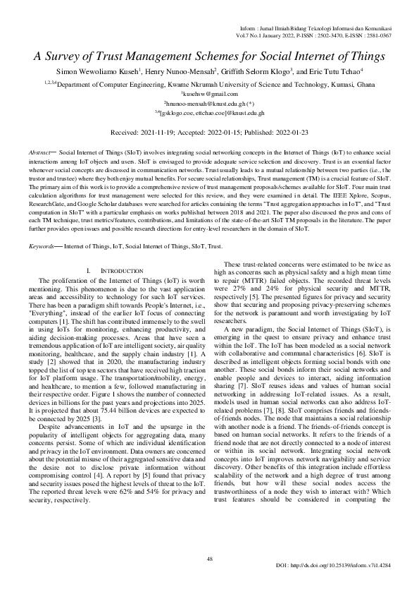 (PDF) A Survey of Trust Management Schemes for Social Internet of Things