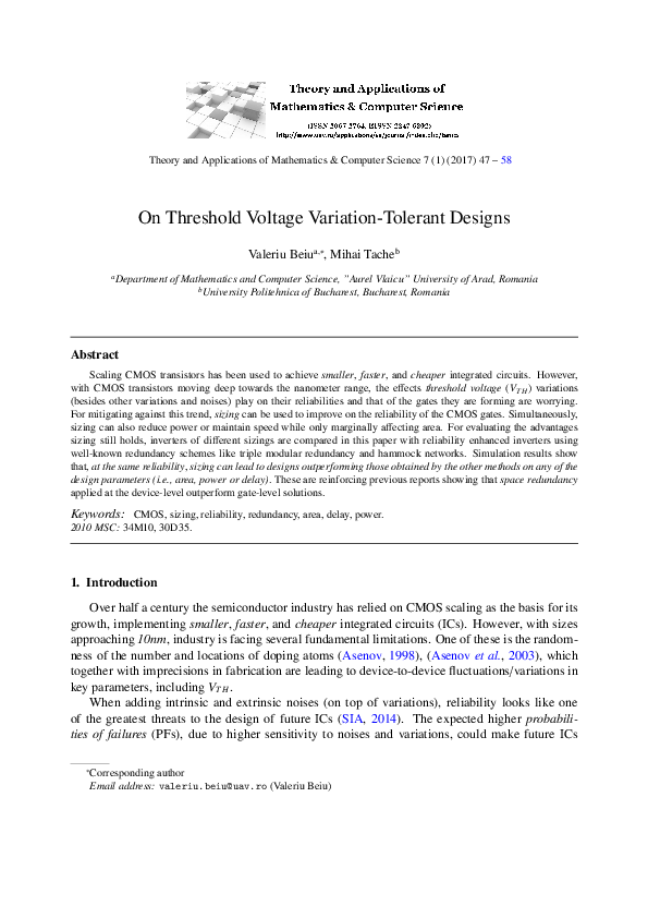 (PDF) On Threshold Voltage Variation-Tolerant Designs