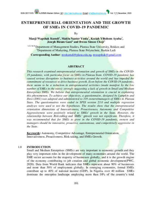 (PDF) ENTREPRENEURIAL ORIENTATION AND THE GROWTH OF SMEs IN COVID 19 ...