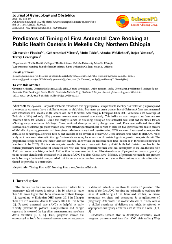 (PDF) Predictors of Timing of First Antenatal Care Booking at