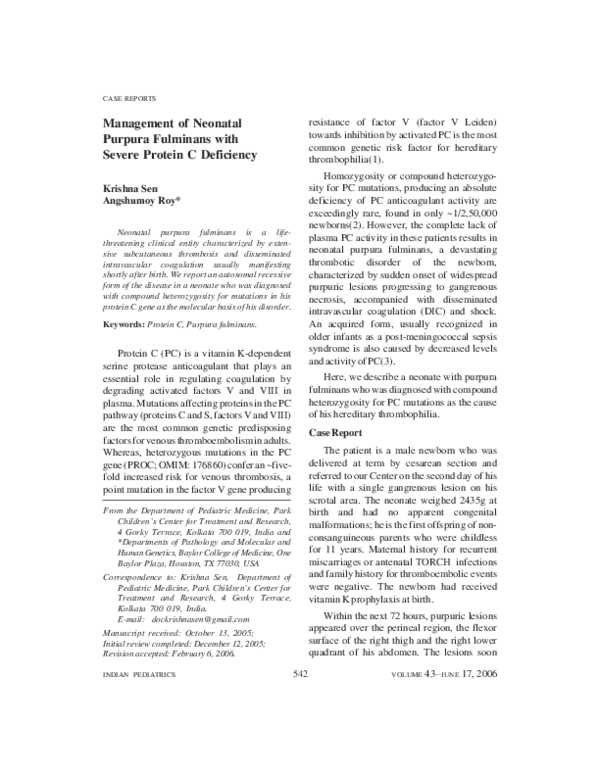 (PDF) Management of neonatal purpura fulminans with severe protein C