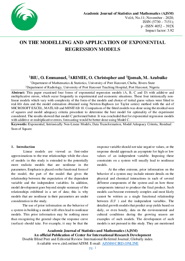 (PDF) ON THE MODELLING AND APPLICATION OF EXPONENTIAL REGRESSION MODELS