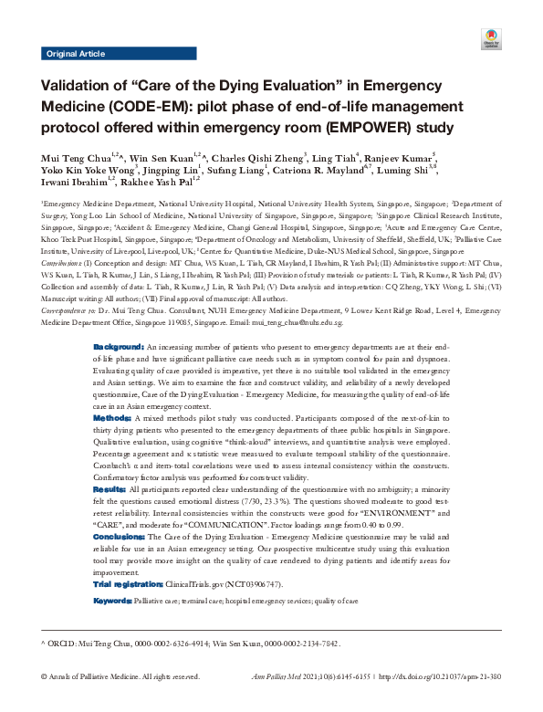 (PDF) Validation of “Care of the Dying Evaluation” in Emergency ...